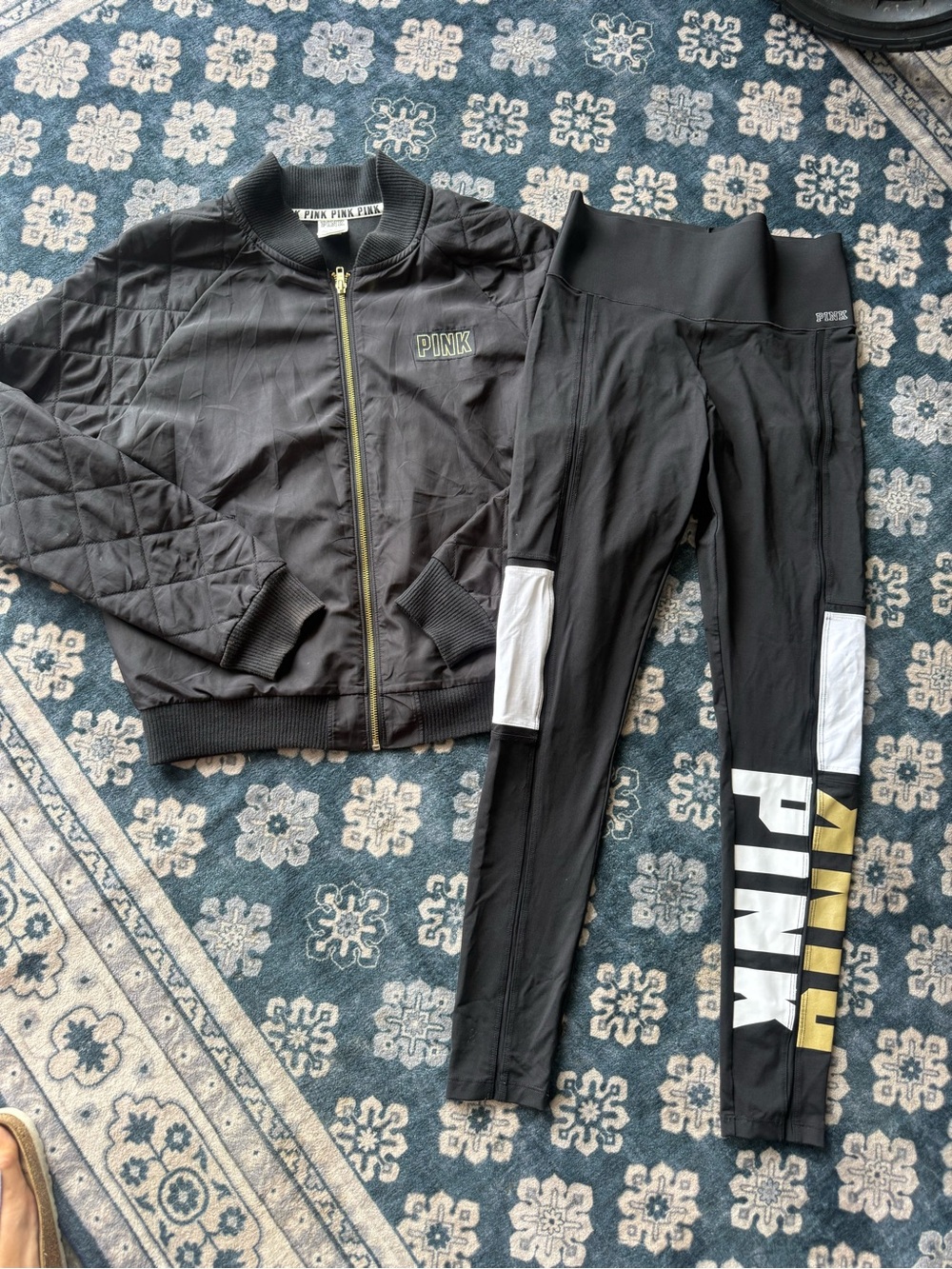 PINK Victoria's Secret Black Quilted Bomber Jacket with Highwaisted Leggings